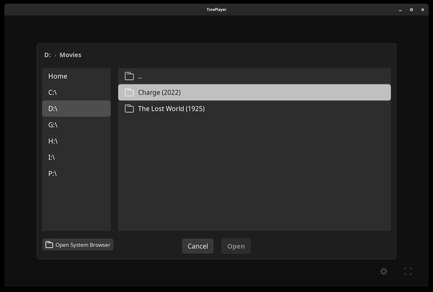 TinePlayer's file browser, with drives down the left and folders beside them.