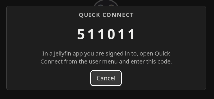 The Quick Connect dialog showing a six character code to enter in a Jellyfin app.