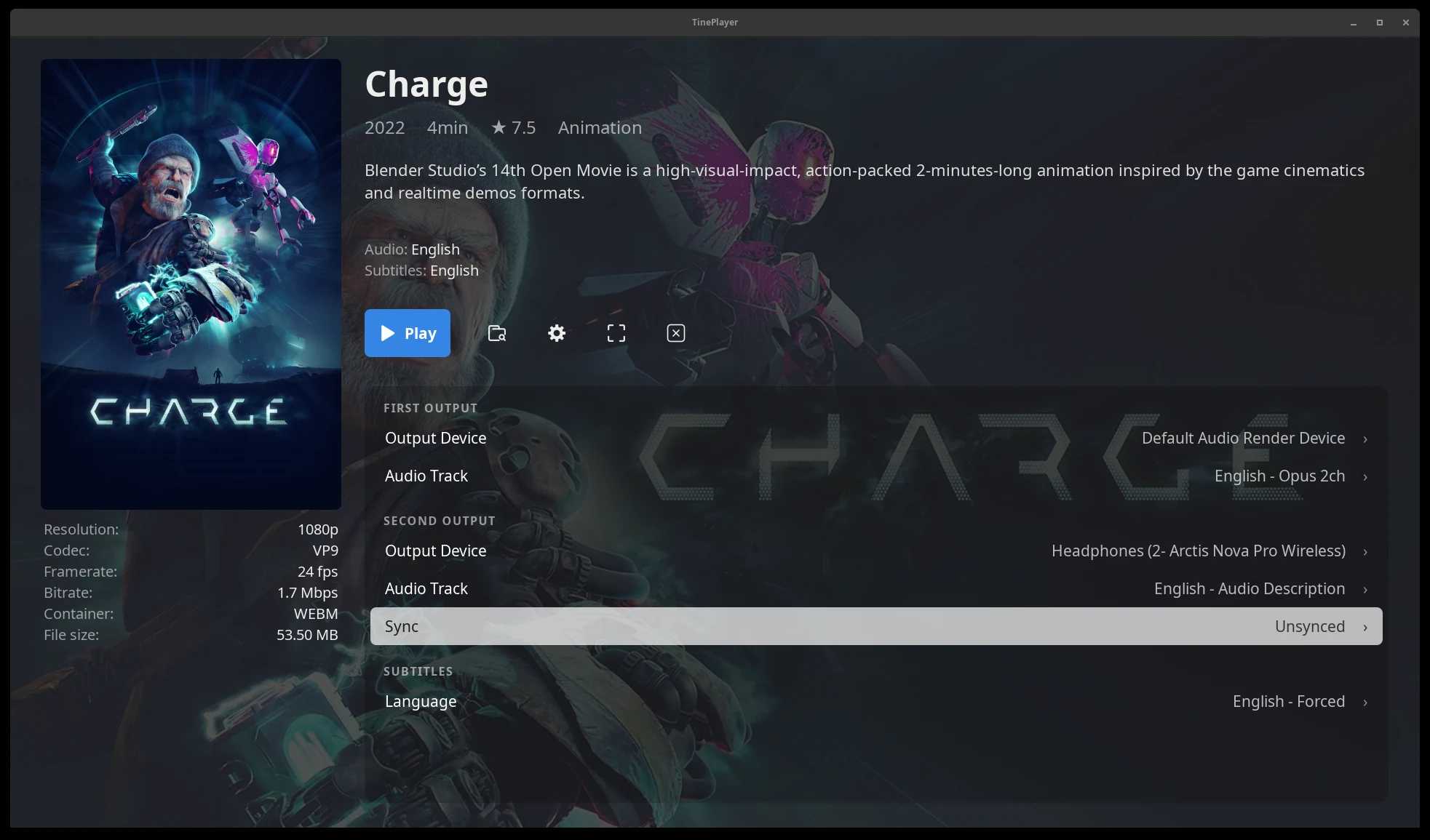 A media page with an audio description file on the second output, and a Sync row beneath it.
