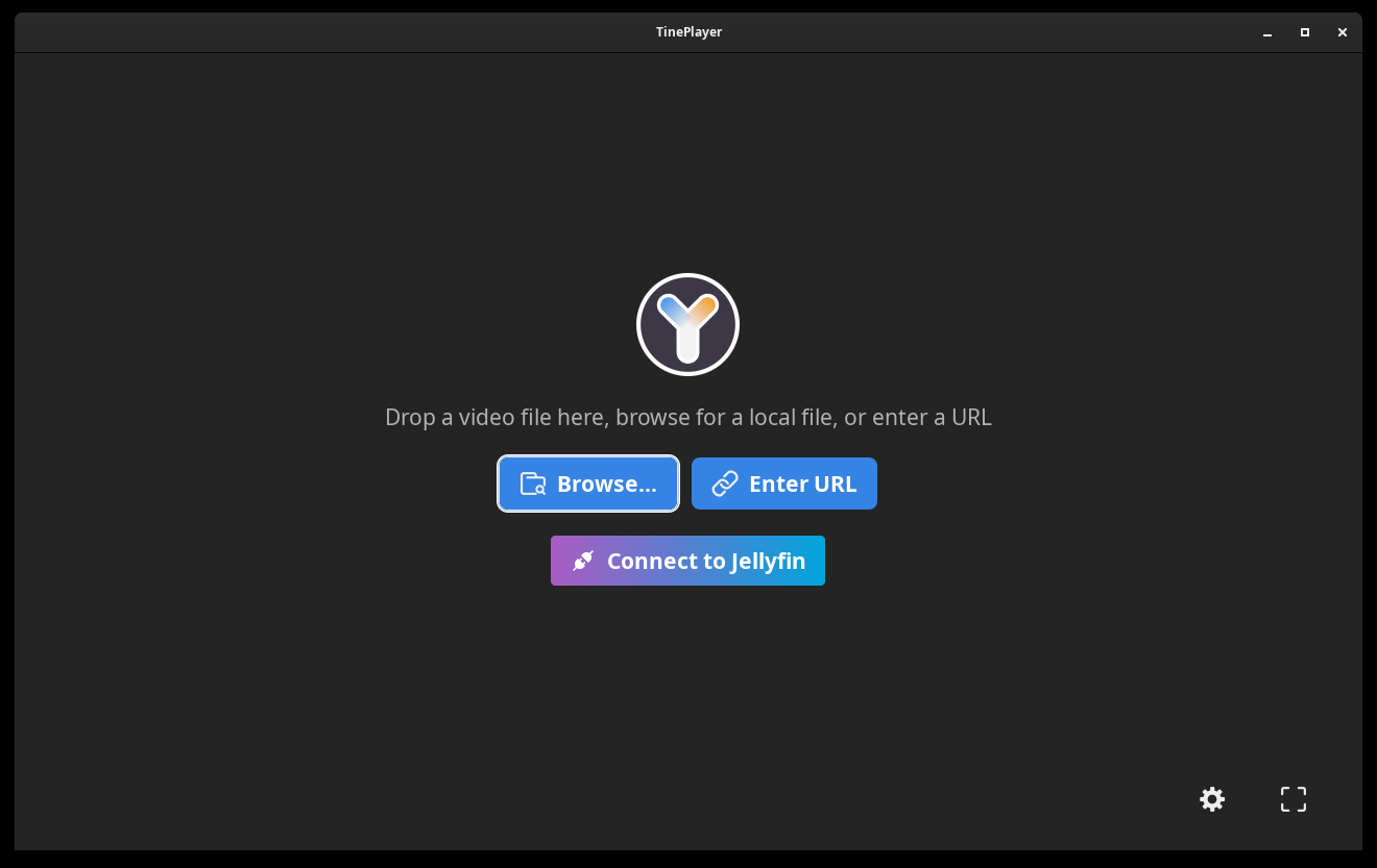 TinePlayer with no video open, showing Browse, Enter URL, and Connect to Jellyfin.