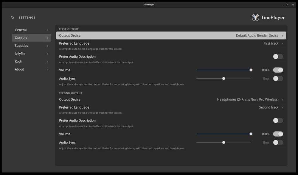 The Outputs settings, with a device, preferred language, audio description switch, volume and sync for each of the two outputs.