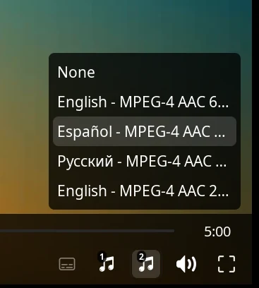 The soundtrack menu open over a playing video, listing the video's tracks.