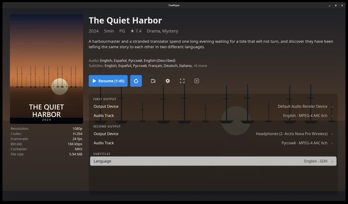 The same page for a different video, where the Play button reads Resume at 1:45 and a Restart button sits beside it.