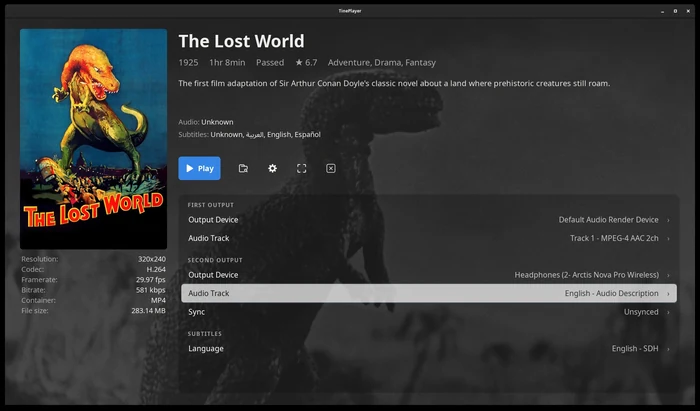 A video's page: the poster on the left with its resolution, codec and file size beneath, the title, year, rating and summary beside it, then rows for each output's device and audio track, and one for subtitles.