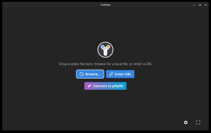 TinePlayer with no video open, showing Browse, Enter URL, and Connect to Jellyfin.