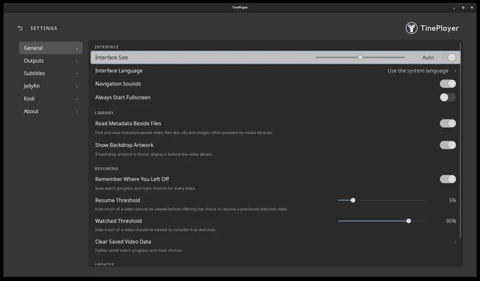 The General settings, grouped into interface, library, and resuming.