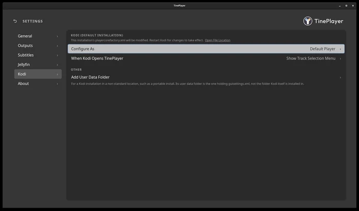 The Kodi settings: an installation heading, a note about the file it changes, then its settings.