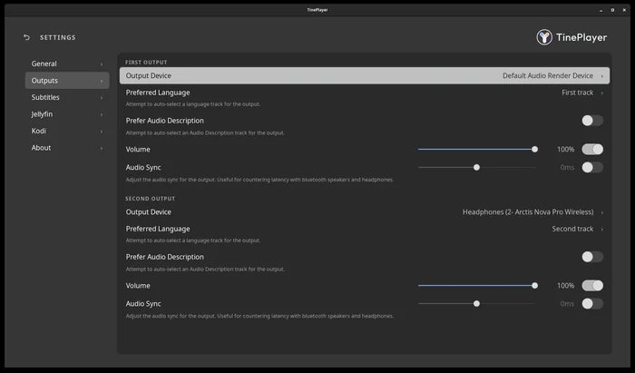 The Outputs settings: for each output, a device, a preferred language, a switch for preferring audio description, and volume and sync bars.