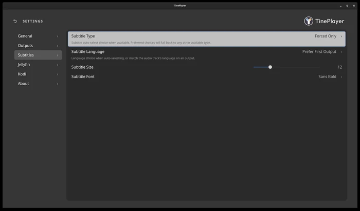 The Subtitles settings: subtitle type, subtitle language, subtitle size, and subtitle font.
