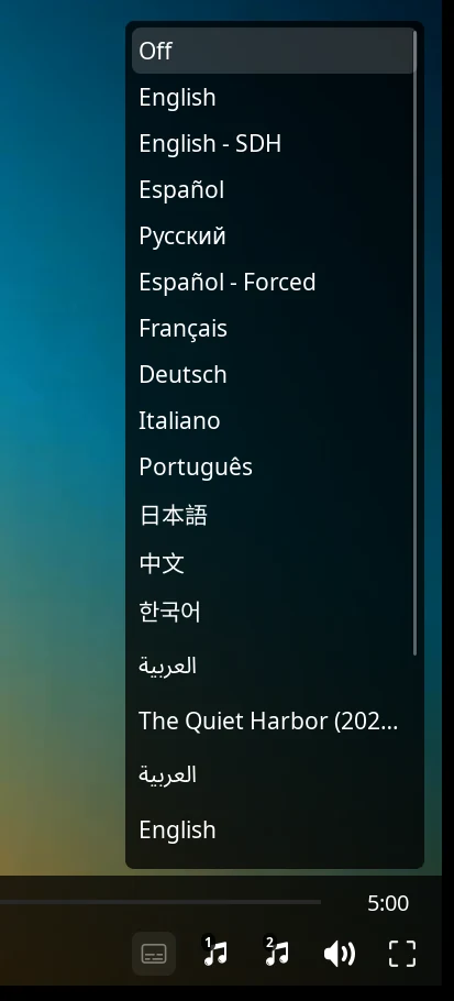 The subtitle menu open over a playing video, listing every track and file found.
