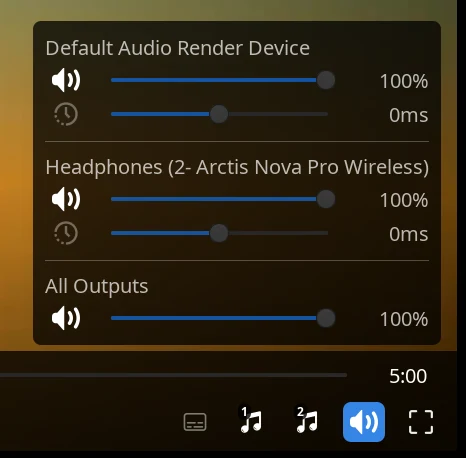 A panel above the playback controls, with a volume and a sync bar for each output.